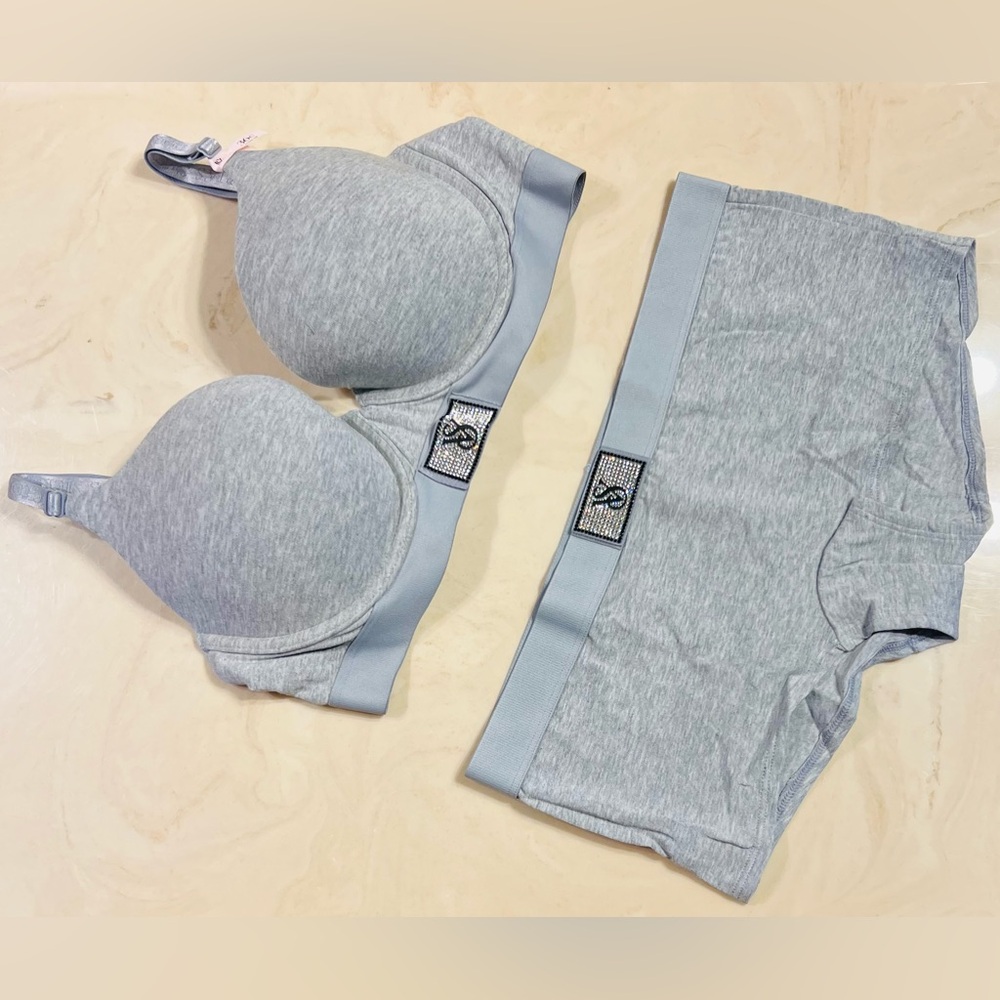 VICTORIA’S SECRET Bling Shine Patch Push Up Bra & Boyshort Set Grey 36C MEDIUM